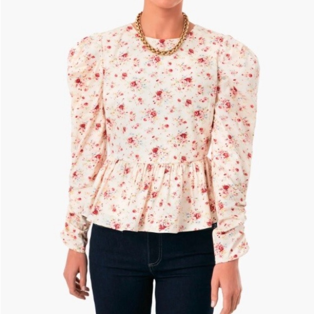 NWT Tuckernuck Hyacinth House Peplum Floral Puff Sleeve Top New Blouse pink